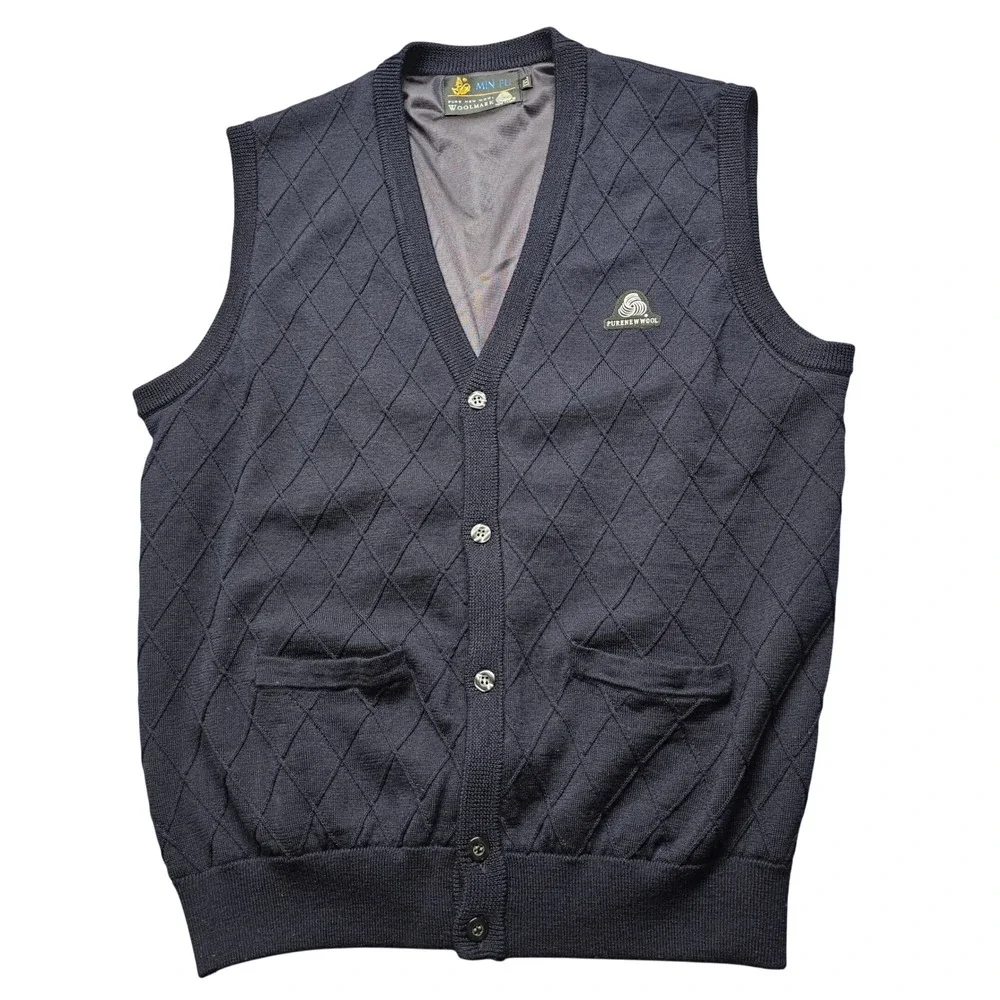 Min Fu Pure New Wool Cardigan‎ Vest Navy Blue Diamond Knit V-Neck XXL Mens